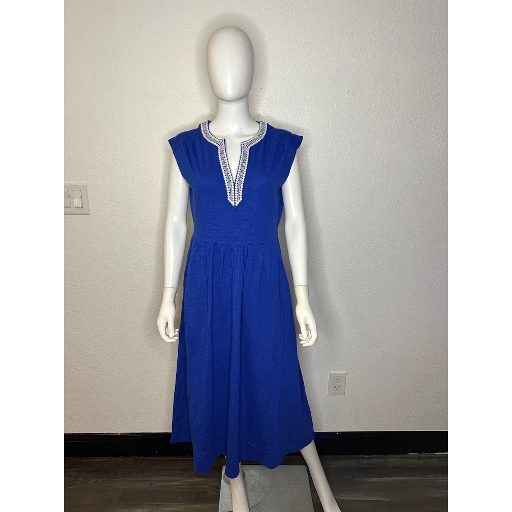 Boden Blue Embroidered V-Neck Slub Cotton Midi Dress